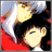 Pixelated anime-style icon showing two characters in close proximity with one character's hand near the other's face, set against a red and blue background.