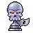 Pixelated statue of a skull with glowing orange eyes, holding a curved blade marked with a black symbol on a gray background.