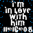 Pixelated text reads "I'm in love with him" and "11-16-08" on a black background with scattered blue dots, repeated in a pattern