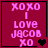 Pink pixelated text on maroon background reads "XOXO I LOVE JACOB XO" with black heart symbols changing across frames.