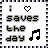 Pixelated icon with text 'i saves the day' and symbols including a heart, musical note, and vertical bar on white background bordered by striped pattern.