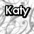 Six distinct static buddy icon designs featuring the name 'Katy' in bold black text with white outlines, each on unique backgrounds including grayscale patterns, pink floral motifs, green stripes, blue and gold text, vertical stripes, and pink circles.