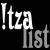 Pixelated white and gray text on black background reads '!ItzaList' with 'Itza' in white and 'List' in gray, forming a single wordmark.