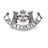 Two side-by-side frames of a monochrome and colorized version of the Juicy Couture logo featuring castle towers, crown, shield emblem, and arched text banner on a white background.
