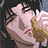 Pixelated anime-style character with closed eyes and brown hair, holding a light brown object against a black background with white text.