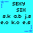 Pixelated icon with cyan background, blue star-shaped borders, and repeated black text elements including "SEXY," "SIX," "s.k a.b j.s," and "e.o k.o e.s"
