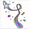 A colorful pixelated rocket with a rainbow trail, surrounded by stars and small objects on a white background.
