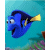 Pixelated blue fish with yellow tail swims left to right against turquoise background, next to text 'just keep swimming' in blue pixel font surrounded by small squares.