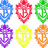 Pixelated shield-shaped icons with anchor symbols in blue, red, green, yellow, orange, and purple arranged in a pattern