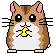 Pixel art hamster with brown and white fur, pink ears, black eyes, whiskers, and a yellow object in its mouth against gray background.