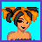 Pixel art character with orange and black pigtails, smiling face, and strapless top against cyan background.