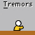 Pixel art animation of a yellow figure with white head performing actions under 'Tremors' text, transitioning from standing to falling into brown debris.
