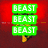 A pixelated animation with red background showing repeated 'BEAST' text in green, pink text phrases, and a blue banner reading 'BEASTLYYY.'