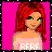 Pixel art contact sheet of a female character with red hair in four frames showing full body, partial torso, legs, and text.