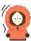 Four pixelated cartoon character poses in orange hooded parkas with brown hoods and cuffs, each showing different eye expressions against a gray background.