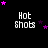 Pixelated 'Hot Shots' text with pink and purple stars on black background, animated star movement across frames.