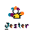 Pixelated jester icon with yellow body, white face, orange and purple hat, blue and orange props; text 'dester' below in multicolor letters.
