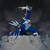 Pixelated blue and white character with red eyes on gray rock, transitioning from raised arm to side pose with text overlay.