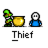 Animated contact sheet of 18 pixel art frames showing a green-clad character stealing from a blue-robed figure with a golden pot, each frame labeled "Thief" below.