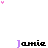 Pixelated text 'jamie' with color variations and small colored dots on a white background.