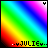 Rainbow gradient background with diagonal stripes transitions from green to blue to purple to red, featuring pixelated text 'JULIE' at bottom center and small white heart icon in top right corner.