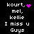 A black background displays white text reading 'kourt, mel, kellie I miss u Guys' with a purple heart icon in the top-left and a purple dot cluster animation below.