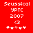 Red background with white pixelated text and symbols arranged in two identical vertical , each containing 'Seussical', 'YPTC', '2007', '<3', and five heart-like symbols with one pink heart