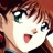 A 48x48 pixel buddy icon featuring a split composition with an anime-style character on the left and text elements on the right against a black background.