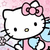 Hello Kitty character with pink bow and blue dress on pink floral background, static image with no visible animation.