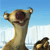 Pixelated image of a cartoon animal with a long neck and open mouth against a blue sky background.