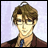 Pixelated anime-style character with brown hair and glasses, wearing a brown jacket over a blue tie, next to black background with white text.