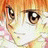 A 48x48 pixel buddy icon featuring a split composition with an anime-style character face on the left and text elements on the right against a black background.