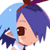Pixelated cartoon-style buddy icon of a character with blue hair and brown eyes, holding a dark star-shaped object against a light blue circular background.