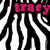 Zebra-stripe background with three variations of the name 'tracy' in pink, green, and purple pixelated text.