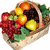 Pixelated image of a woven basket filled with various fruits and vegetables including red berries, yellow citrus slices, dark purple grapes, green leafy herbs, and orange carrots.