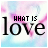 A static image with 'WHAT IS love' text over a pastel cloud background, featuring small pink and black heart symbols below the word 'love'.
