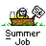 Animated contact sheet of a pixel art summer job icon showing a stick figure in a boat with text variations across frames.