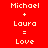 Red background with white pixelated text repeating 'Michael + Laura = Love' in three , one partially obscured by a gray rectangle