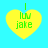 Four yellow heart-shaped icons with green text "i luv jake" on a cyan background, each showing different pixelation levels.