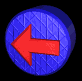 A circular blue icon with a textured surface displays a left-pointing arrow that changes color across frames.