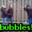 Pixelated image of three figures in dark jackets and blue pants standing against a blurred background with green text reading 'bubbles!' at the bottom.