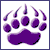 Purple paw print icon with five toes and a large pad, rendered in pixelated style on white background with dark blue border.