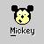 Pixelated static icon of Mickey Mouse head with yellow face, black ears and nose, white eyes, and "Mickey" text below on gray background.