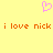 Yellow background with pink pixelated heart above orange text repeating 'i love nick' twice.
