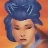 Pixelated close-up of a person with blue hair styled in a high bun, closed eyes, and a neutral expression against an orange background.