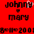 Red background with black pixelated text 'johnny' and 'mary', two small red hearts, and a bottom of numbers including '200'