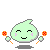 Pixelated green character with closed eyes and pink blush holds orange flowered sticks, surrounded by floating musical notes in multiple colors.