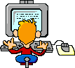 Pixel art animation of a cartoon character typing on a computer with three distinct hand positions across frames.