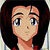 Pixelated cartoon-style face with large blue eyes, dark brown hair, and a neutral expression, wearing a red and white garment.