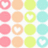 A grid of 16 circular icons in four pastel colors, each with a white heart shape in the center or as a cutout.